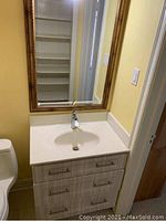 Full view of vanity set installed between wall and toilet, showing cabinet base, countertop, faucet and mirror above