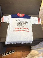 Photo of white souvenir T-shirt with red and blue sleeves and printed Great Wall map and text in Chinese and English
