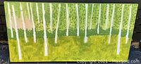 Horizontal view of the oil painting showing abstract white vertical shapes resembling birch trees with green and beige background.