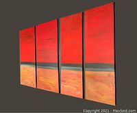 Side angled view of the four-panel abstract painting showing red, orange, and black colors horizontally across each canvas, with narrow spacing between canvases on a dark wall.