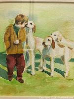 Close-up photo of the watercolor painting showing a boy and three dogs, signed by Naydene Gonnella.