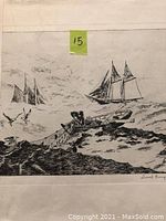 Close-up image of the black and white etching copy depicting Nantucket with sailing ships and fisherman in a rowboat, signed by Lionel Barrymore.