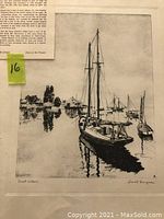 Black and white etching showing sailboats and calm water reflections, signed by Lionel Barrymore, titled 'Quiet Waters'.