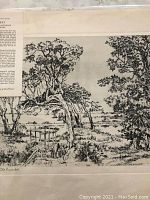 Black and white etching of gnarled trees and waterfront dock scene, measuring approximately 12 by 16 inches.