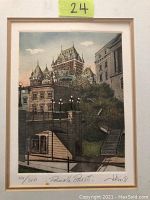 Framed color print of Passerelle Prescott in Quebec City by artist J. Kim, numbered 100/350, signed and dated 1991