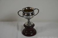 Full view of vintage silver trophy with two handles on round wooden base.