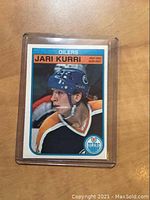 Front of 1982 O-Pee-Chee hockey card showing Jari Kurri in Edmonton Oilers uniform with helmet.