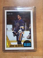 Front side photo of the 1987 O-Pee-Chee Doug Gilmour hockey card in a protective plastic sleeve showing the player in St. Louis Blues uniform.