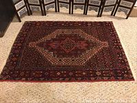 Full view of Persian Hamadan Mei-Mei area rug showing central medallion geometric pattern, deep reds and browns, and surrounding intricate border designs