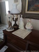 Photo shows two Worcester Royal Porcelain Victorian ladies figurines, the Italian figurine, candlestick table lamp with milk glass shade, and COA on a wooden table