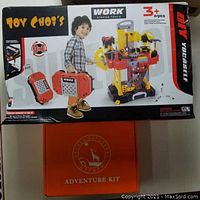 Toy Choi's Kids Workbench Tool Set box showing child playing, 3-in-1 design, 3+ ages label