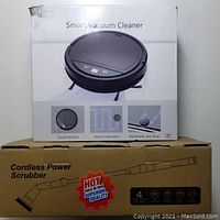 Smart vacuum cleaner and cordless power scrubber boxes stacked, showing product images and features.