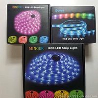 Three boxes of RGB LED strip lights showing Minger and Govee brand packaging. Each box depicts colorful LED strip lights coiled inside.