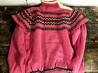 Pink vintage knit sweater with patterned yoke and high collar