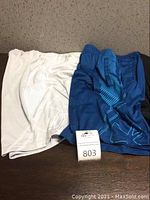 Two men's athletic shorts, one white and one blue, both Under Armour HeatGear, size large.