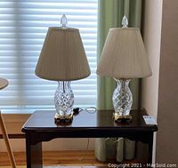 Two lamps on wooden table in front of window showing overall lot