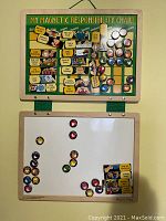 Photo of wooden framed magnetic responsibility chart by Melissa & Doug with colorful task magnets on top panel and dry erase whiteboard panel below with additional magnet pieces arranged on it.