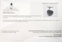 Appraisal certificate showing metal stamp, stone measurements, weight and retail replacement value.