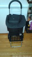 Front view of the trolley dolly shopping cart showing the black fabric bag with flap and the padded handle.