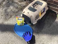 Full view of the lot including beige Petmate PET TAXI pet carrier, blue plastic floor mat, blue pet grooming glove, and yellow Temptations cat treats bag on outdoor pavement