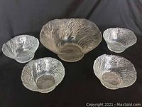 Five ice textured glass bowls set against a dark background, showing one large central bowl surrounded by four smaller bowls.