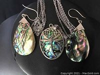Close-up of oval abalone shell dragonfly pendant with matching teardrop abalone shell earrings on black background