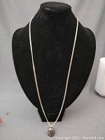 Full length view of silver curb chain with pendant on display bust.