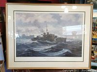 Framed print showing the entire artwork of H.M.V.S. Sackville at sea, framed with reflective glass.