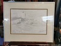 Full front view of the framed pencil drawing showing the navy ship and smoke from the smokestack.