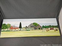 Full front view of 24 by 8 inch folk art painting showing apple orchard, pickup truck, crates and farm buildings under a light blue sky.