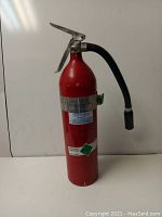 Front and side view of red metal fire extinguisher with lever handle and black rubber hose attached, placed against white background.
