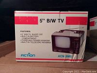 Box front showing 5" B/W TV features including 5" screen, short CRT, built-in battery compartment, 3-way power sources, and built-in telescoping antenna.
