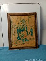 Frontal photo of the framed painting showing the full artwork and frame with visible water stains and wear on the paper and some frame scuffs.