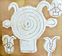 Close-up of abstract concentric circle motif and stylized animal faces on beige ground