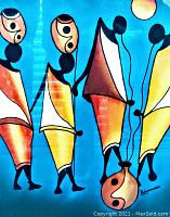 Close-up of four abstract human figures in orange, yellow, brown, white on blue background.