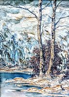 Close-up of the oil painting showing the texture, detailed brushwork, and color palette of the landscape with trees and water.