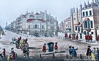 Close view of hand-colored antique engraving showing a period street scene with buildings and people in 18th-century clothing.