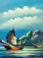 Close-up of the painting showing detailed sails of the ships, water reflections, clouds, and mountainous background in natural light.