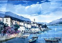 Close-up of the coastal village watercolour painting showing detailed boats, buildings, and sky.