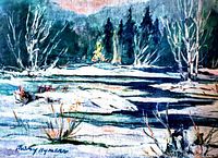 Close-up detail of the oil painting showing trees, landscape, snow, and signature.