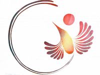 Close-up of the stylized hummingbird and sun artwork showing details and colors.