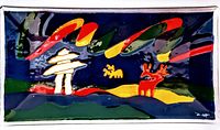 Front view of rectangular art glass plate with blue background, white inukshuk, two colored bears, colorful brushstroke design, and artist signature.