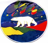 Front view of the round art glass plate featuring a white polar bear and colorful abstract landscape with stars on a blue background, signed by Dawn Oman.