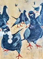 Close-up view of painted pigeons showing brushwork and texture