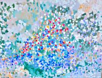 Close-up detail of the colorful abstract dots composition on canvas.