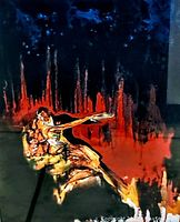 Close-up of artwork showing abstract dancer in orange and yellow against red and dark blue background