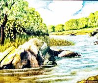 Close-up photo of the oil painting showing the detailed landscape with rocks, trees and water.