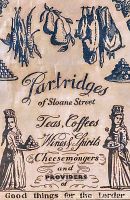 Close‐up detail of print showing hanging meats, text “Partridges of Sloane Street” and decorative elements