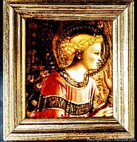Front view of the framed painting showing the detailed portrait of the Italian Annunciatory Angel, highlighting the gold leaf halo and red ornamental garment.