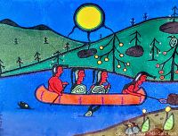 Close-up of colorful print showing four Native figures in a canoe on a river with green hills and yellow sun.